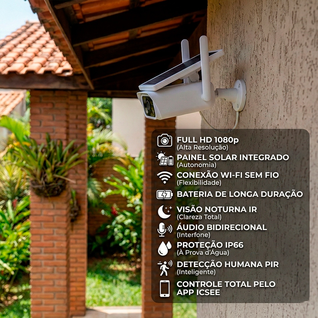 Câmera de Segurança Energia Solar WiFi Full HD IP66