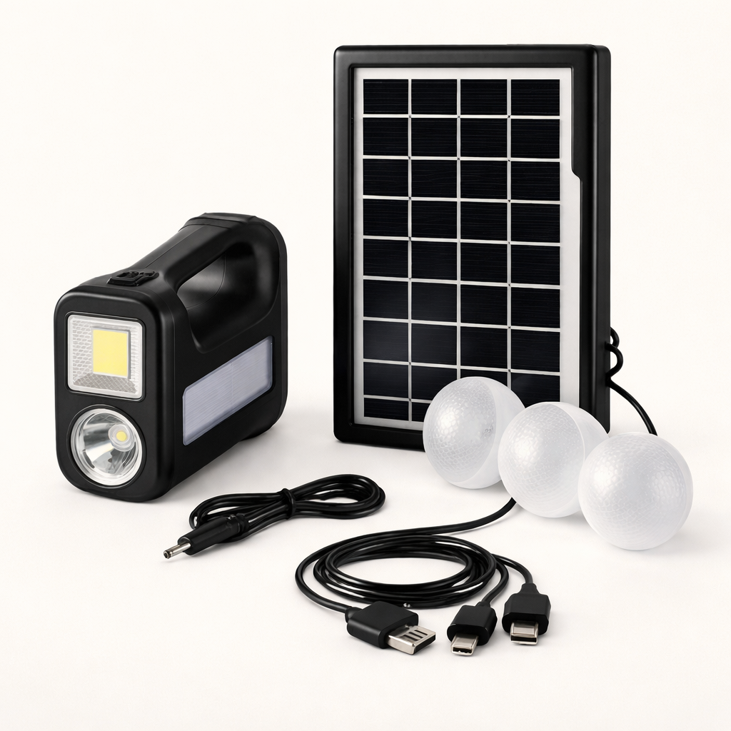 Kit Placa Solar Portátil com Bateria Recarregável Lanterna e Lâmpadas