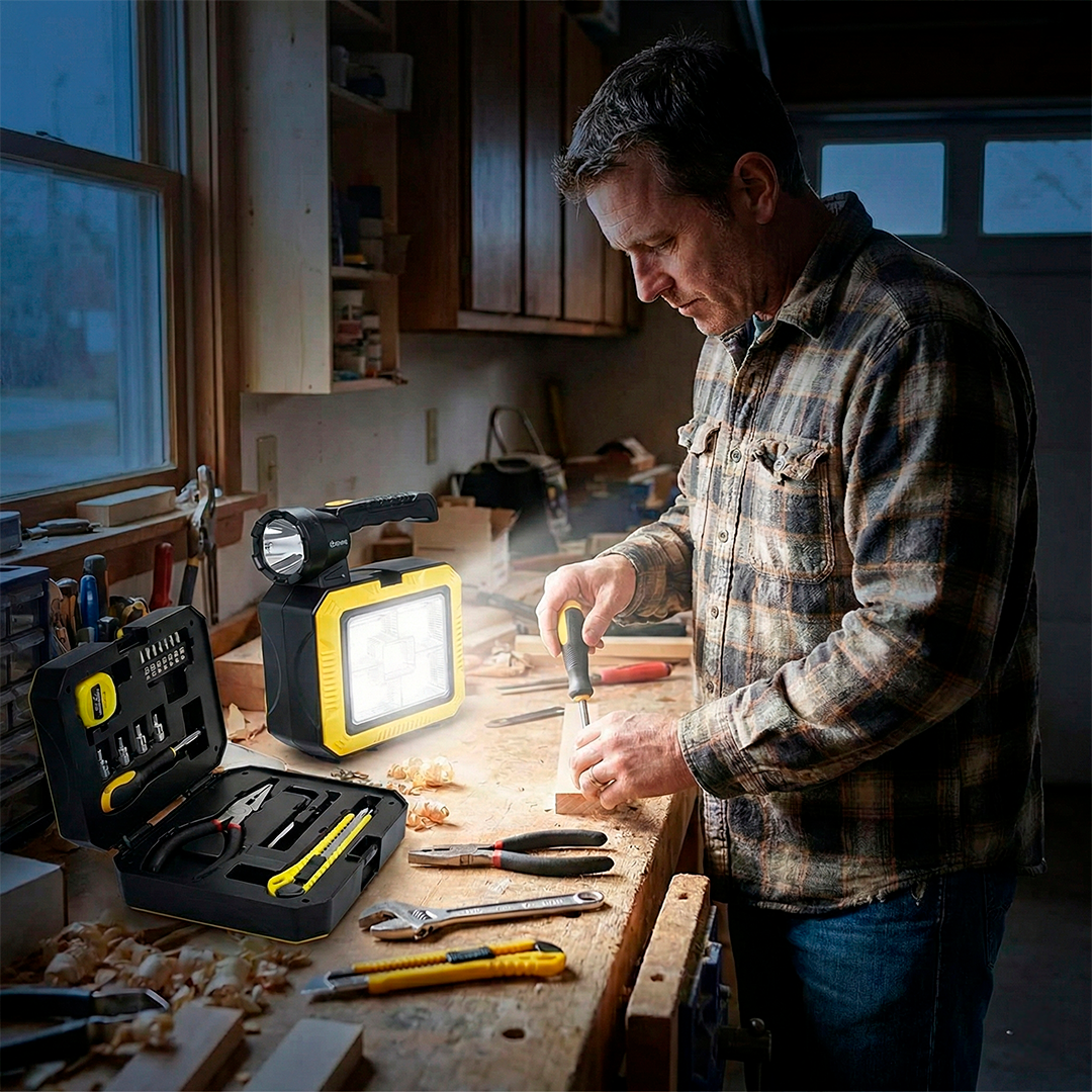 Kit Lanterna Solar Led + Caixa de Ferramenta com Power Bank Integrado