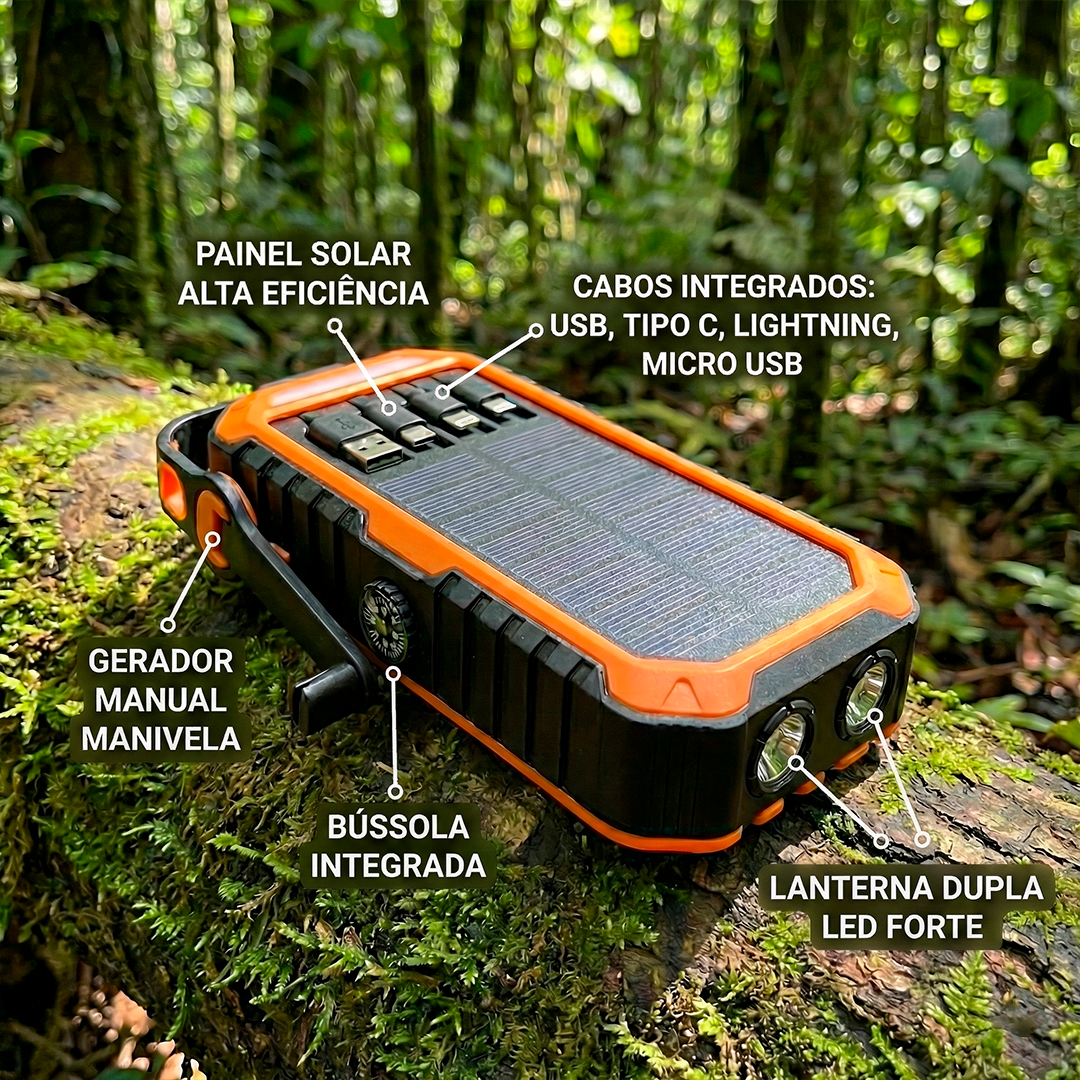 Banco de Energia Solar de 40000mAh com 4 Cabos e Manivela