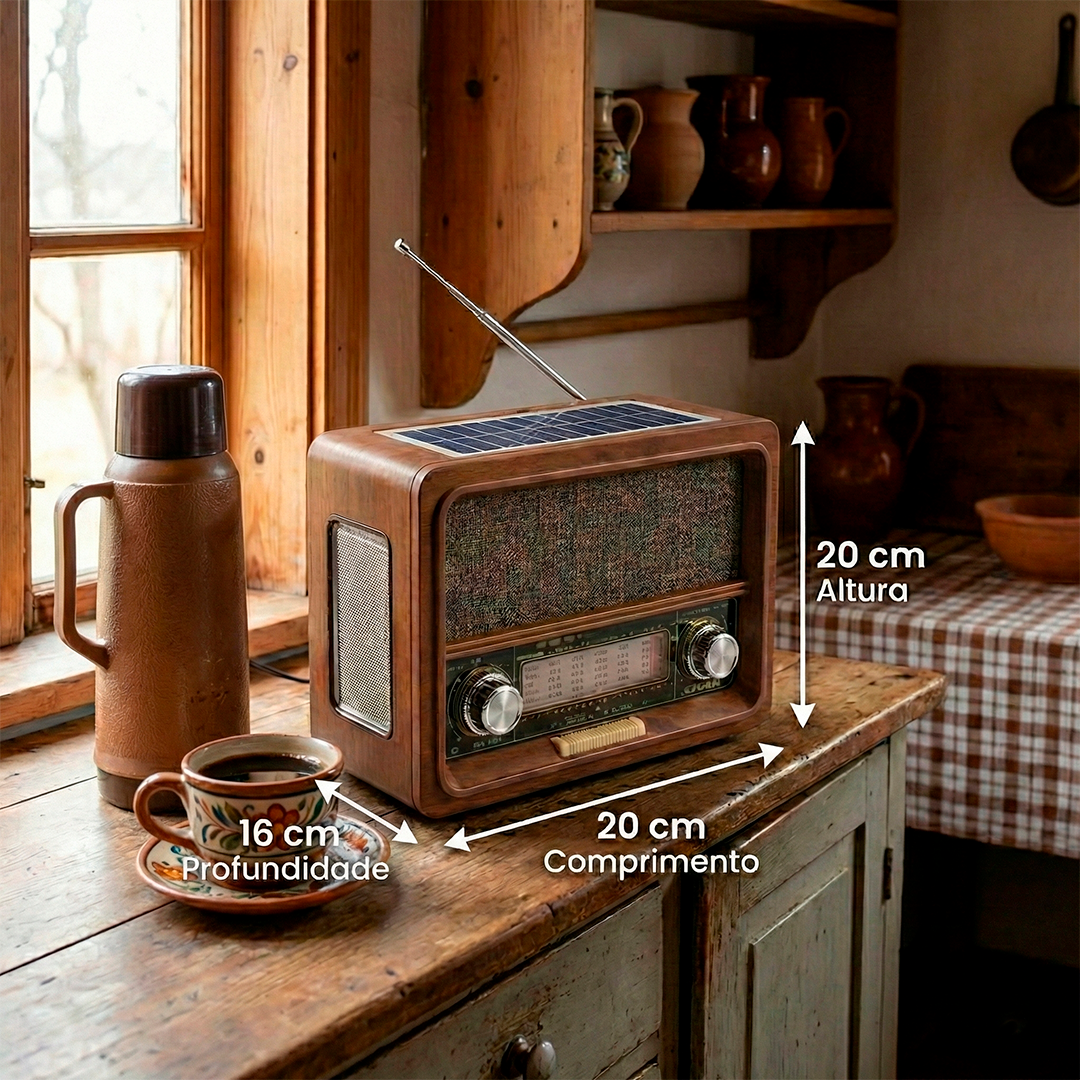 Rádio Retrô Am Fm Bluetooth com Carregamento Solar e Lanterna
