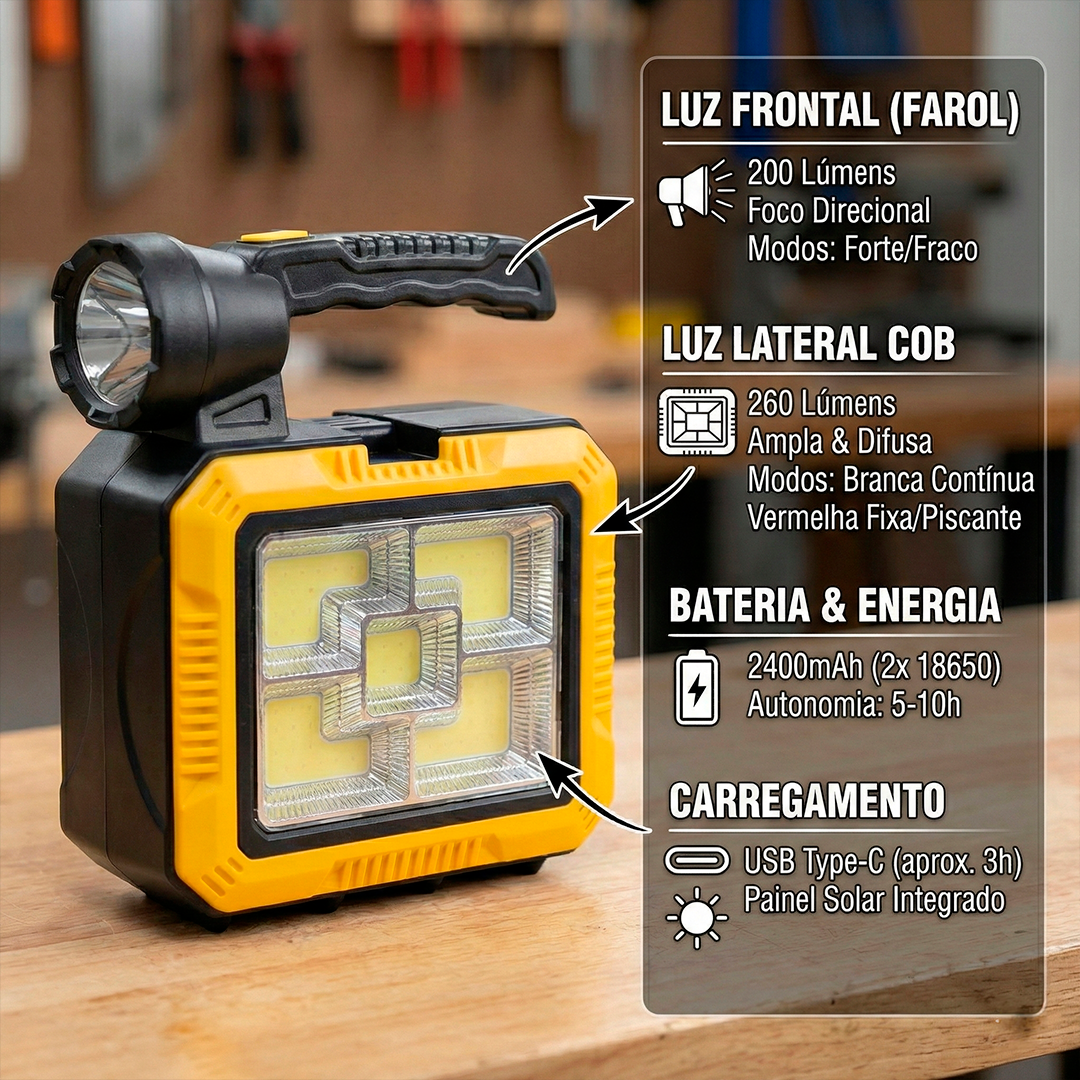 Kit Lanterna Solar Led + Caixa de Ferramenta com Power Bank Integrado