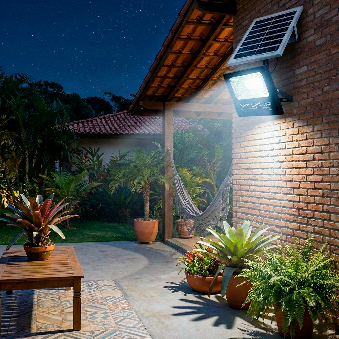 Refletor LED Solar 500W com Placa Solar e Bateria Integrada