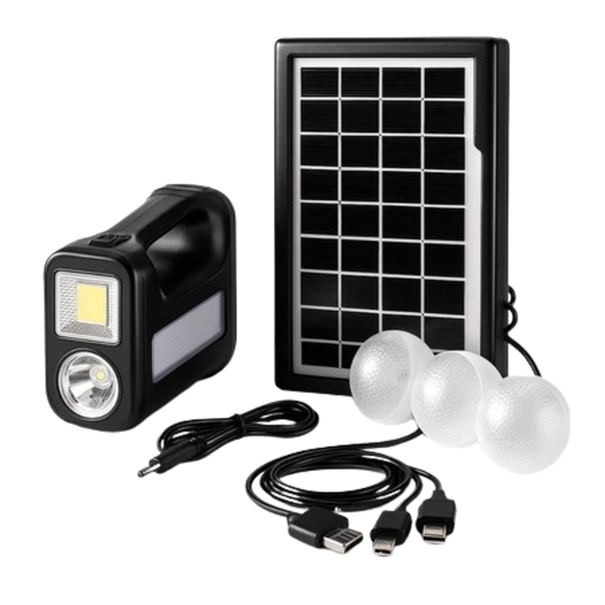 Kit Placa Solar Portátil com Bateria Recarregável Lanterna e Lâmpadas