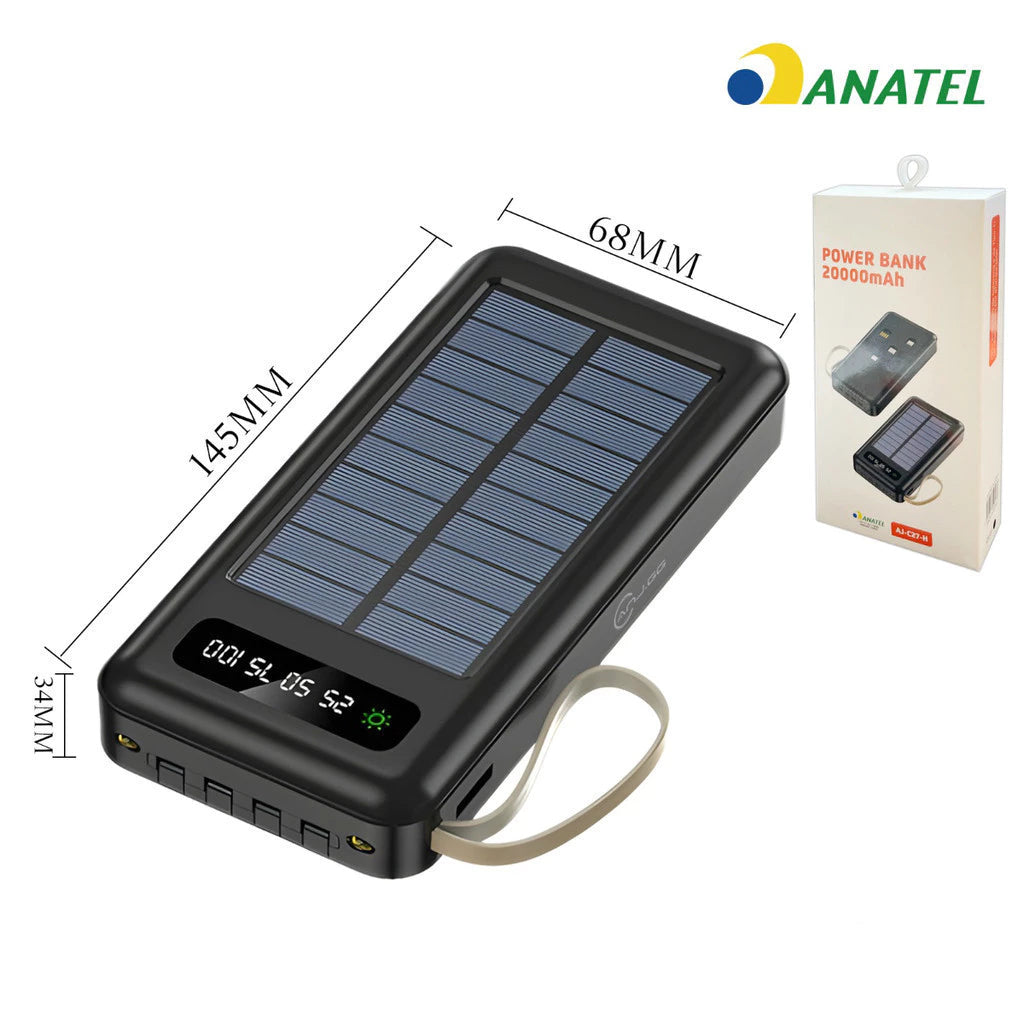 Power Bank Solar 5 em 1  20.000mAh com Lanterna em LED