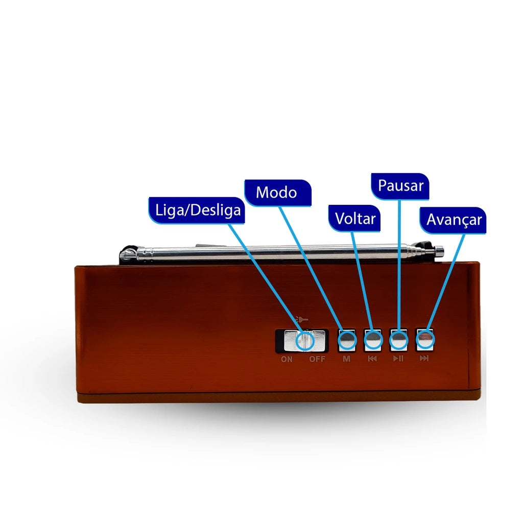 Rádio Retrô Am Fm Bluetooth com Carregamento Solar e Lanterna